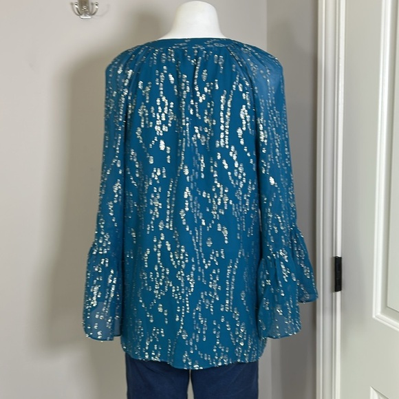 Lilly Pulitzer Matilda Top Fish Gold Clip Chiffon Silk Inky Tidal Blouse Sz M - Picture 7 of 11